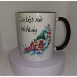 Twotone Tasse schwarz weiß mit Wichtelmotiv und Text Du bist mir wichtelig
