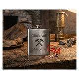 Flachmann 6oz chrome gebürstet graviert und personalisiert mit Name, Glück auf und Motiv