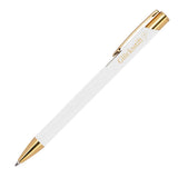 Weißer Kugelschreiber mit rubber finish Oberfläche und mit goldfarbener Gravur Glücksstift und einem kleinen Kleeblatt