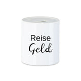 Spardose aus Keramik mit Schriftzug Reisegeld bedruckt