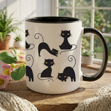 Tasse in schwarz-weiss mit schwarzen Katzen rundum bedruckt