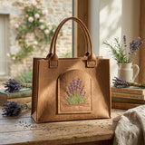 rostbraune Filztasche Shopper handmade genaeht und mit Lavendelmotiv bestickt