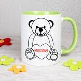 Tasse twotone grün weiss beidseitg bedruckt mit Bär mit Herz und Name
