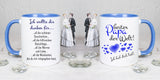 Tasse Weiß/Blau bedruckt mit Motiv Ich wollte die danken für... all die schönen Geschichten... all die hilfreichen Ratschläge... all die Wärme und Liebe... all die Weisheiten, die du mir mitgegeben hast. bester Papa der Welt Ich hab dich lieb