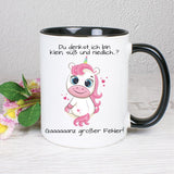 „Einhorn-Tasse mit Spruch 'Du denkst ich bin klein...' – Lustige Kaffeetasse