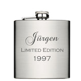 Limited Edition mit Jahrgang und Name personalisierter Flachmann Chrome Brushed aus Edelstahl 6oz mit Lasergravur