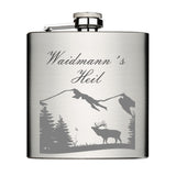 Waidmann´s Heil Flachmann Chrome Brushed aus Edelstahl 6oz mit Lasergravur  Motiv Hirsch Wald und Berge im Hintergrund