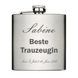 Bester Trauzeuge Trauzeugin personalisiert Flachmann Chrome Brushed aus Edelstahl 6oz mit Lasergravur