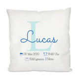 Personalisiertes Geburtskissen mit Buchstabe, Name und Daten 40x40cm Kissen mit Füllung