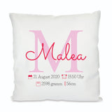 Personalisiertes Geburtskissen mit Buchstabe, Name und Daten 40x40cm Kissen mit Füllung