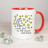 Tasse Weiß/Rot bedruckt mit Spruch: I love you to the moon and back mit Mond und Sternen