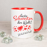 Tasse Weiß/Rot bedruckt mit: Beste Schwester der Welt! Ich hab dich lieb!