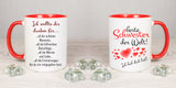 Tasse Weiß/Rot bedruckt mit Motiv Ich wollte die danken für... all die schönen Geschichten... all die hilfreichen Ratschläge... all die Wärme und Liebe... all die Weisheiten, die du mir mitgegeben hast. beste Schwester der Welt Ich hab dich lieb