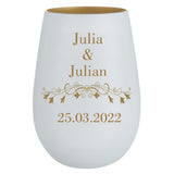Schönes Geschenk mit Namen und Datum graviert - Windlicht Glas weiss-gold oder weiß-silber