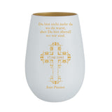 Du bist nicht mehr da wo du warst, aber Du bist überall wo wir sind + Motiv Kreuz  - Windlicht weiss-gold mit Gravur personalisierbar mit Name und Datum